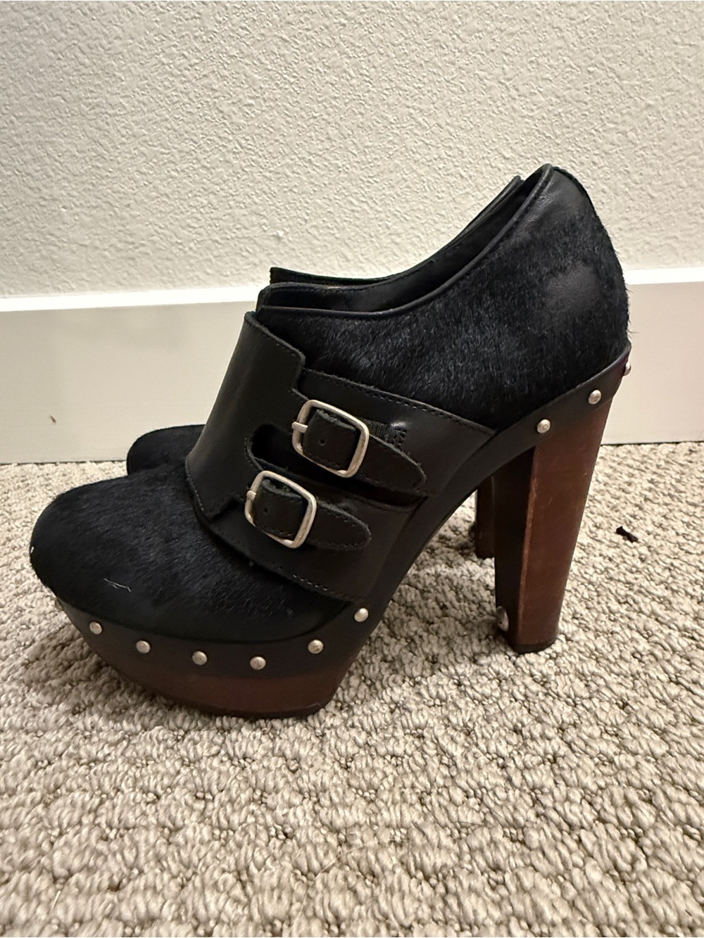 UGG Black Studded Platform Buckle-Heel Pumps
